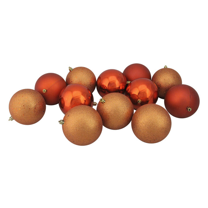 12ct Orange Shatterproof 4-Finish Christmas Ball Ornaments 4" (100mm)