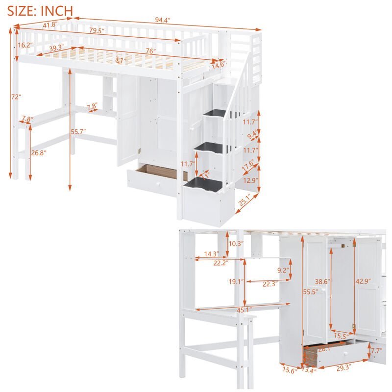 Twin Size Loft Bed With Bookshelf, Drawers, Desk, And Wardrobe White