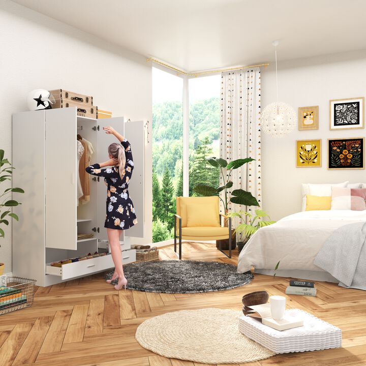 White Wood 47.2 in. W 3-Door Bedroom Armoire Wardrobe Closet Cabinet with Hanging Rod, Drawers, Shoe Rack