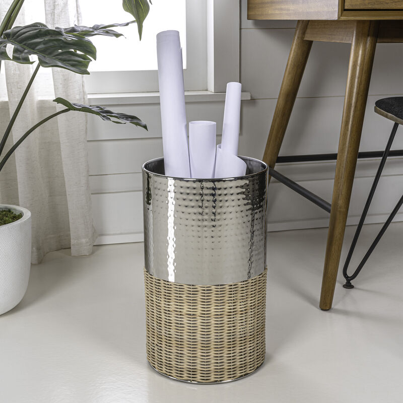 Asher Modern 2-Tone Faux Wicker/Metal Cylinder Waste Basket