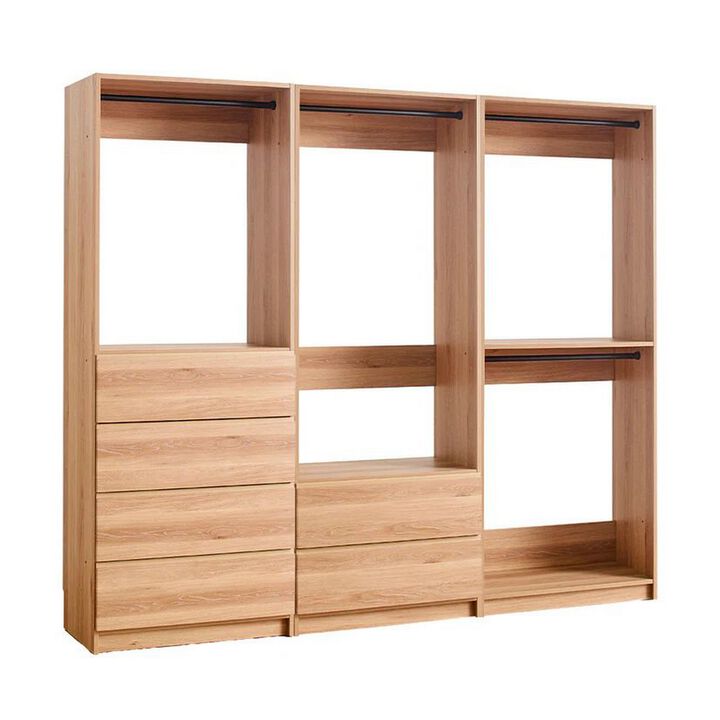 Dee Modular Closet System, Freestanding, 4 Clothing Racks, 6 Drawers, Oak  - Benzara