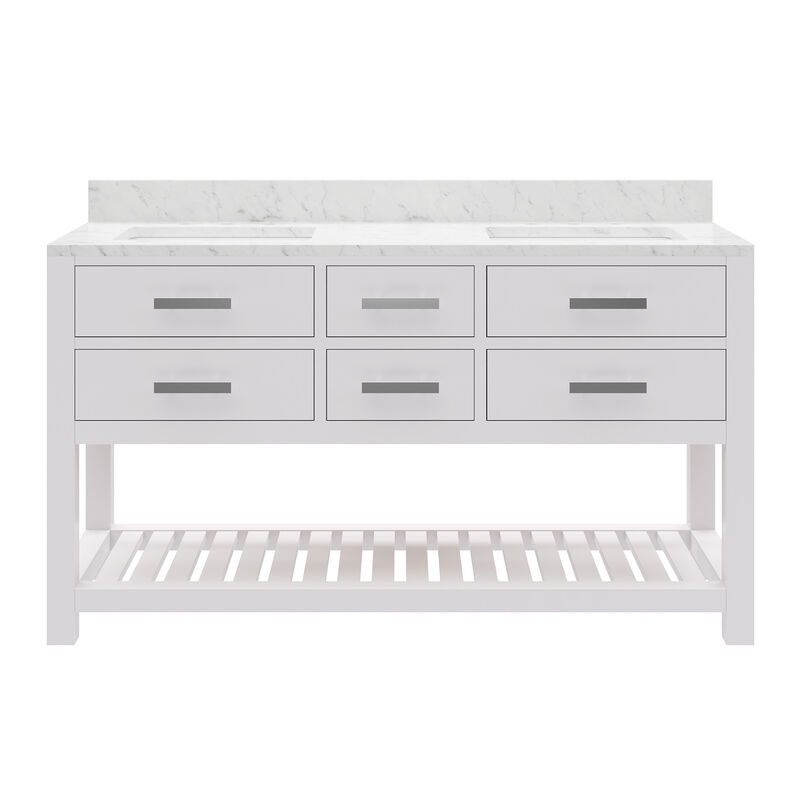Madalyn 60 In. Double Sink Carrara White Marble Countertop Bath Vanity in Pure White