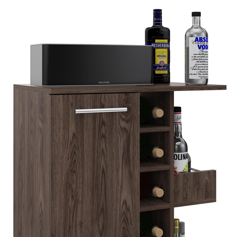 DEPOT E-SHOP Magda Bar Cart, Four Casters, Six Built-in Wine Rack, Single Door Cabinet, Two External Shelves, Dark Walnut