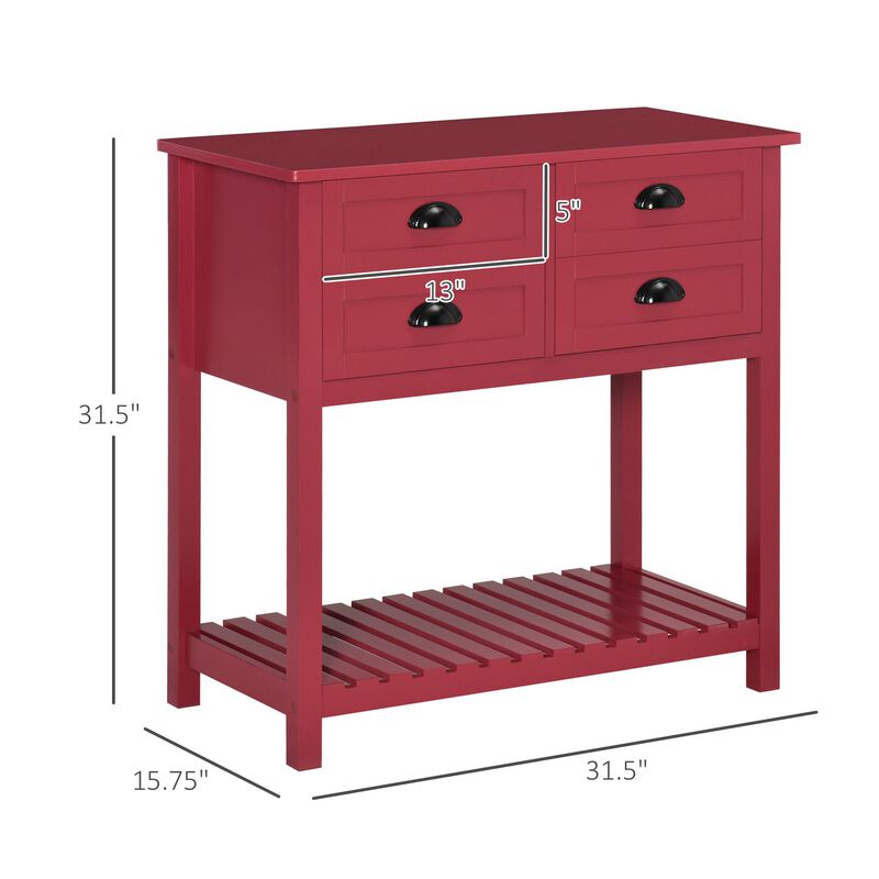 Red Dining Storage: Sideboard with 4 Drawers and Slatted Shelf