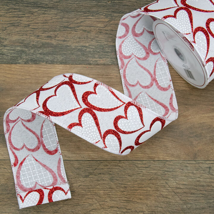 White and Red Glitter Hearts Valentine's Wired Craft Ribbon 2.5" x 10 Yards