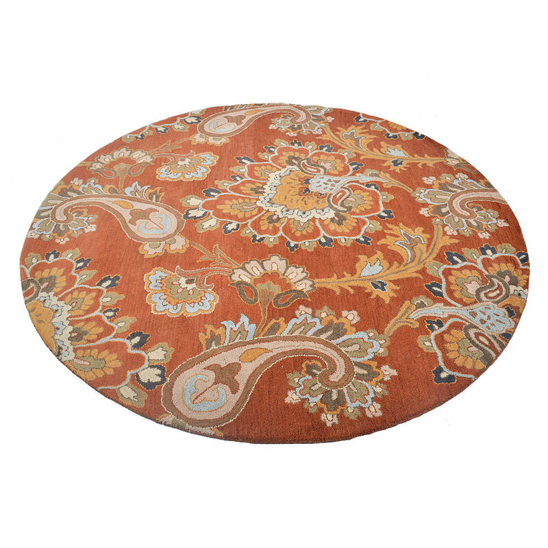 RUGSOTIC CARPETS HAND TUFTED WOOL ECO-FRIENDLY AREA RUGS  - 8'x8', Round Shape, Orange, Floral Modern Design, High Pile Thick Handmade Anti Skid Area Rugs for Living Room, Bed Room (K00151)