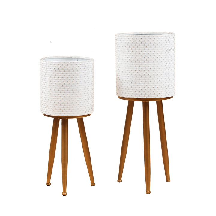 LuxenHome Set of 2 White Dimpled Metal Cachepot Planters with Bronze Metal Legs