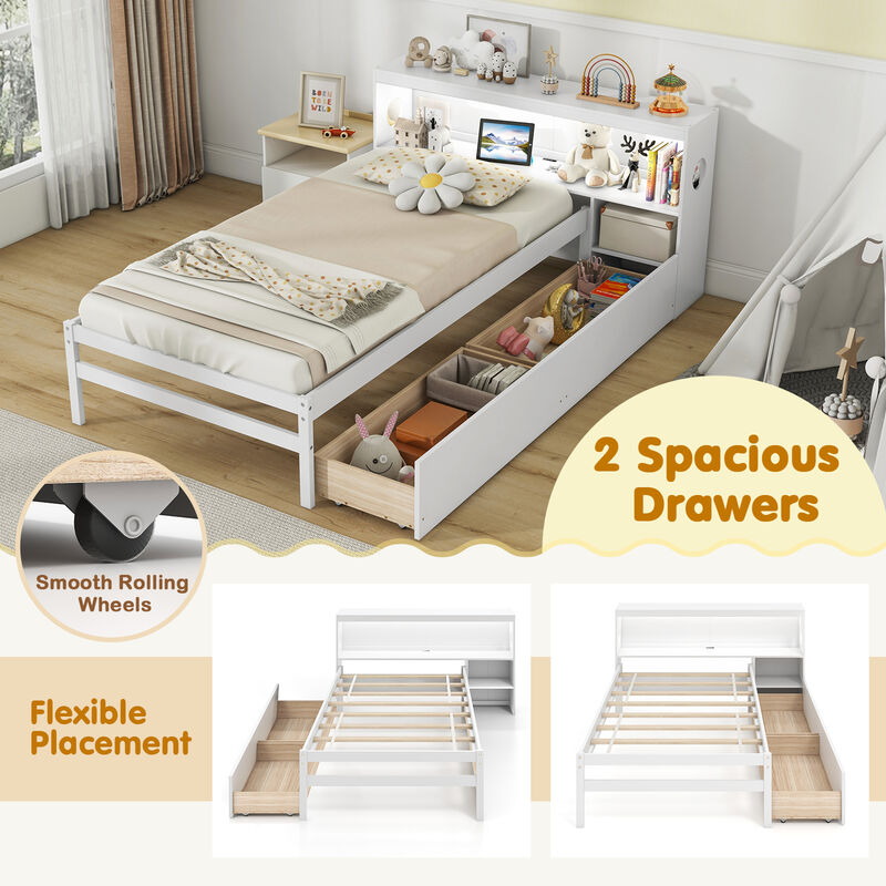 Bed Frame with LED Light and Bookcase Headboard