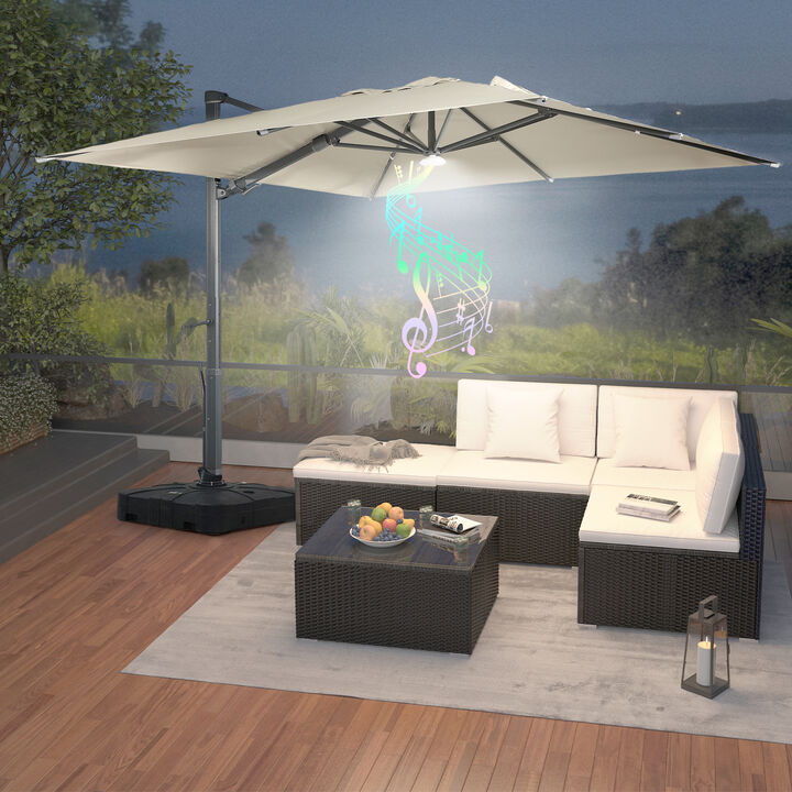 MONDAWE 10 ft. Square Outdoor Cantilever Umbrella Aluminum Frame Tilting Parasol with Detachable Bluetooth LED Light Panel and Weighted Based