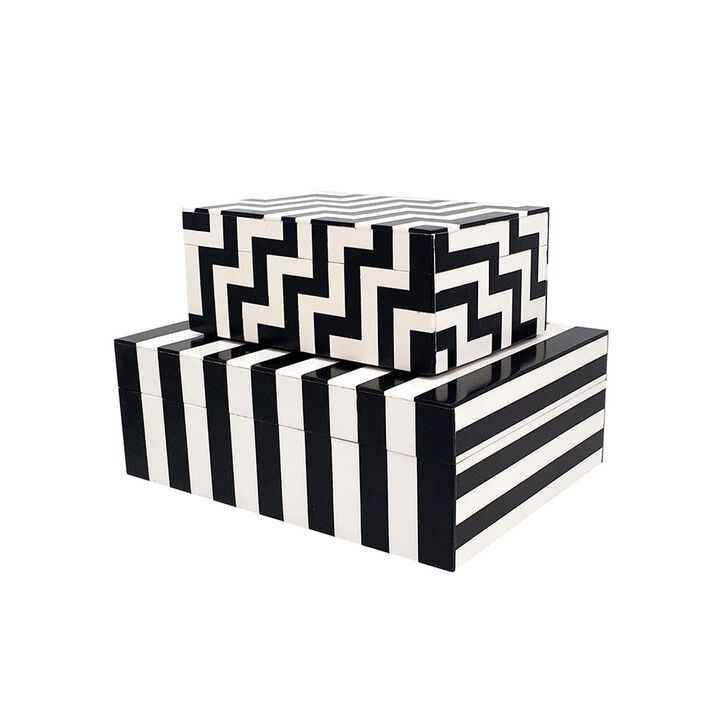 Anya Set of 2 Accessory Boxes, Multipurpose Lidded Storage, Black, White - Benzara