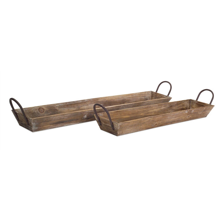 Set of 2 Wooden Trays with Handles for Serving and Storage