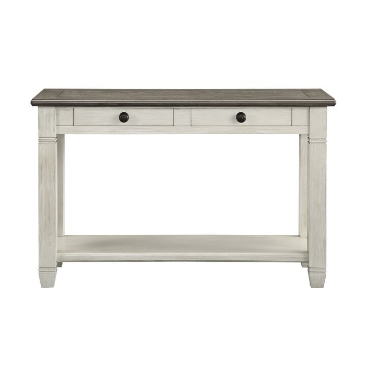 Rome 48 Inch Sofa Table, Rectangular, 2 Drawers, White, Brown, Solid Wood - Benzara