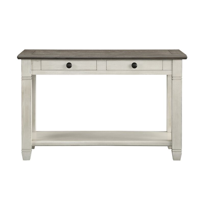 Rome 48 Inch Sofa Table, Rectangular, 2 Drawers, White, Brown, Solid Wood - Benzara