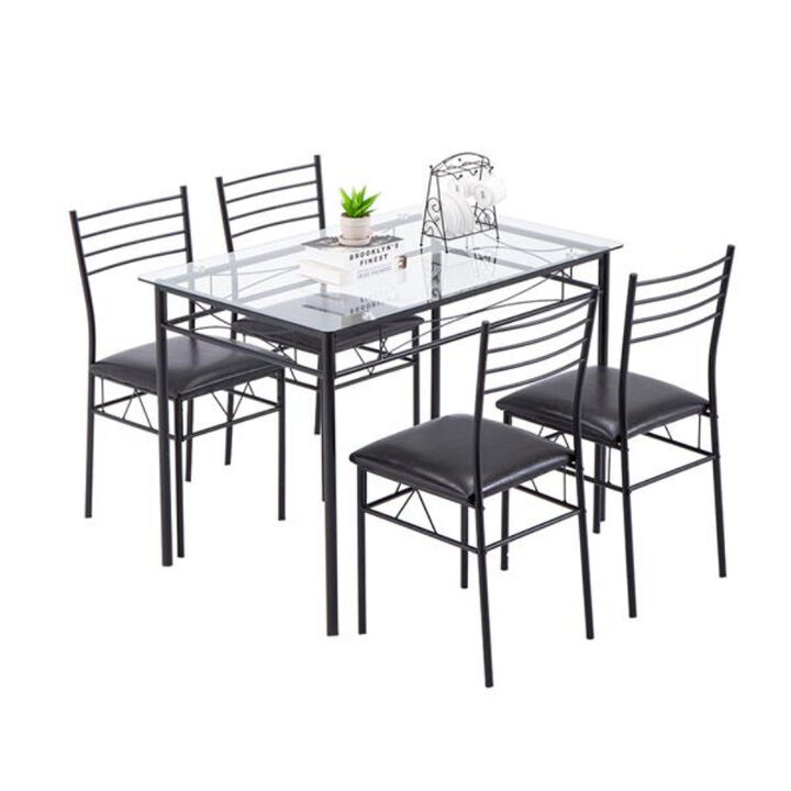 Modern Iron Glass Dining Table and Four Chairs Set, Frame with PU Cushions