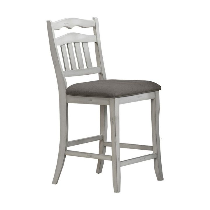 Zeke Counter Height Chair, Ladder Back, Classic White Wood, Dark Gray - Benzara