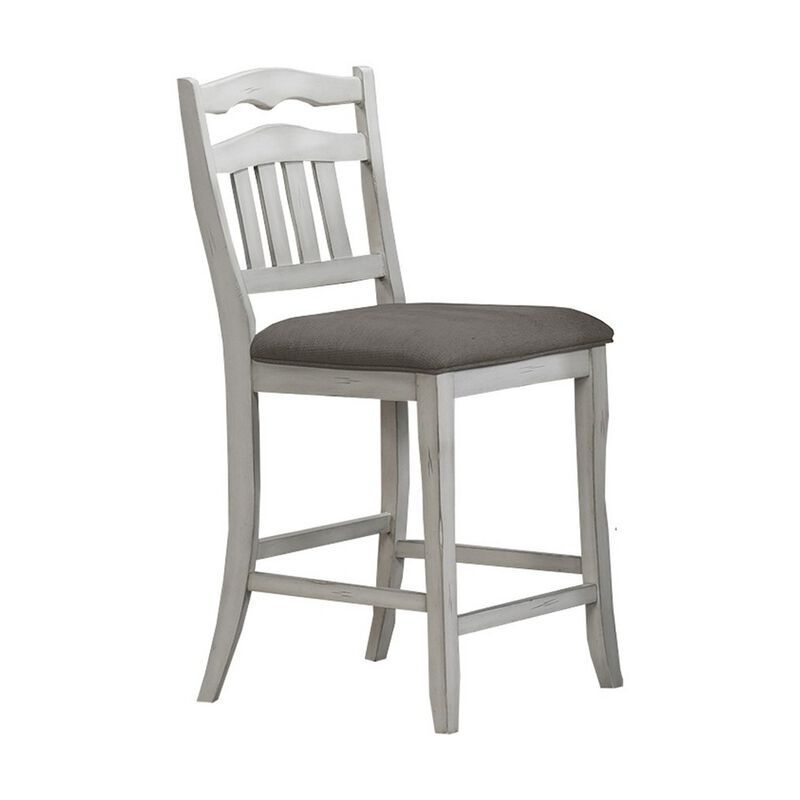 Zeke Counter Height Chair, Ladder Back, Classic White Wood, Dark Gray - Benzara