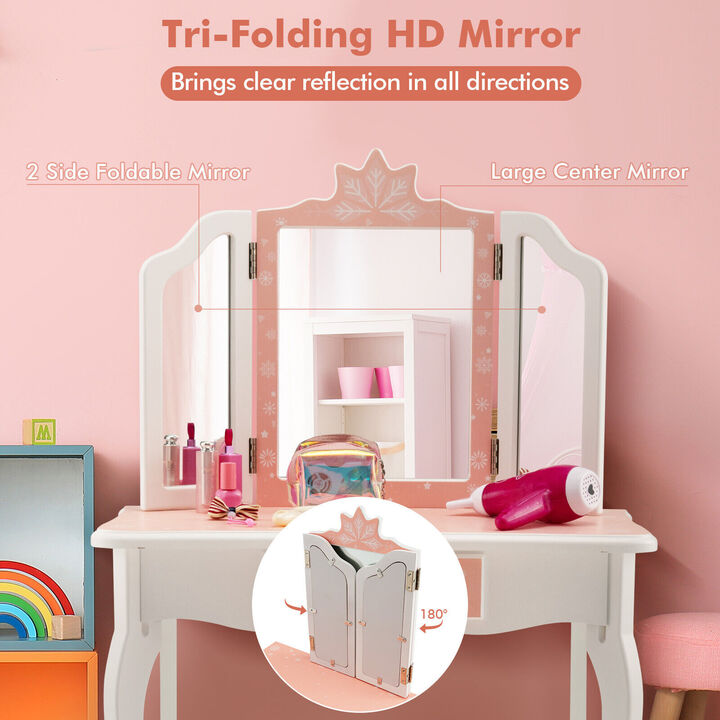 Princess Vanity Table and Chair Set with Tri-Folding Mirror and Snowflake Print