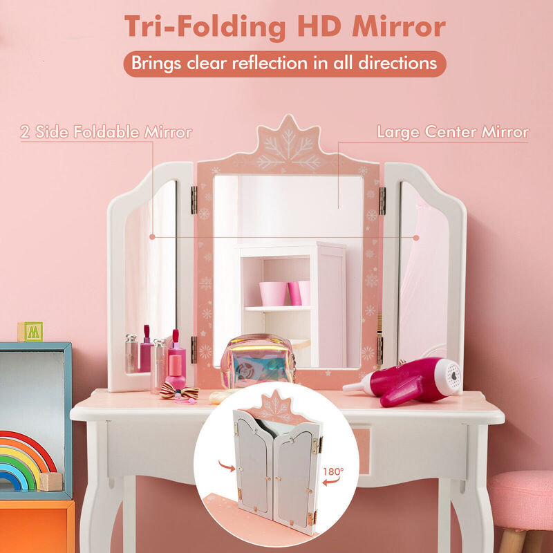 Princess Vanity Table and Chair Set with Tri-Folding Mirror and Snowflake Print
