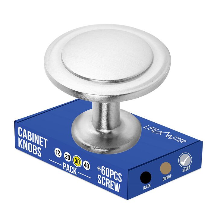 30pcs 1-1/4" Brushed Nickel Cabinet Knobs - Rust-Proof Finish, Modern Design, Strong Zinc Alloy Construction - Complete with Short and Adjustable Screws for Dresser, Drawers, and Cabinets