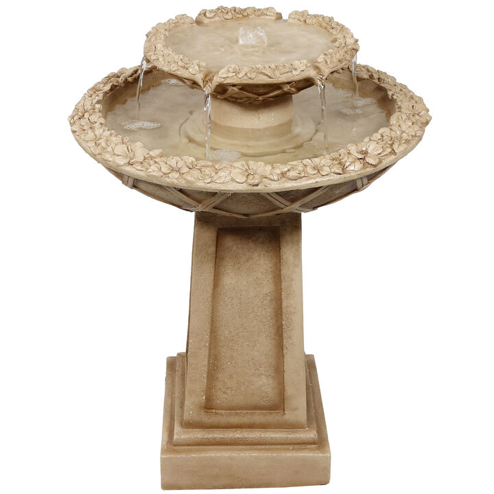 Sunnydaze Beveled Flower Polyresin Outdoor 2-Tier Bird Bath Fountain