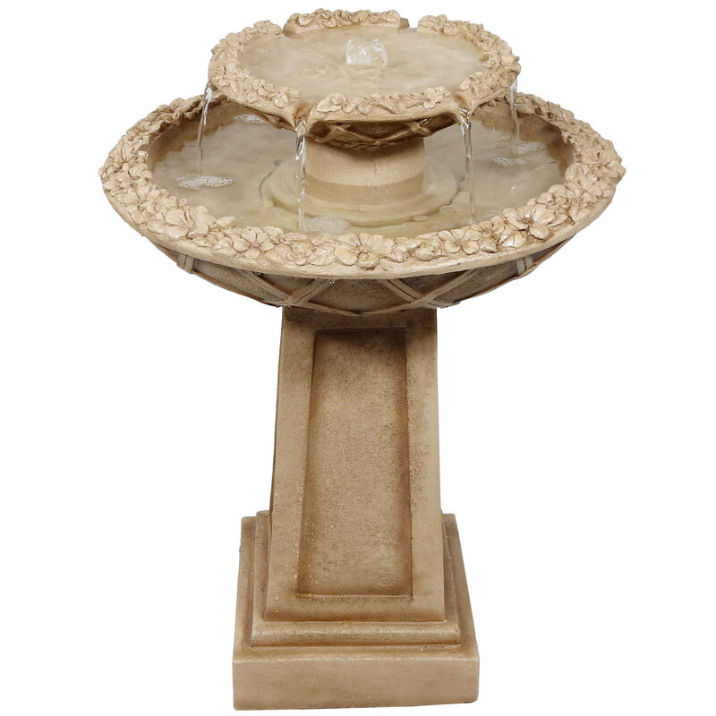 Sunnydaze Beveled Flower Polyresin Outdoor 2-Tier Bird Bath Fountain