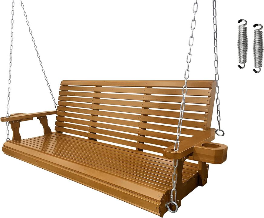 Wooden Porch Swing 3-Seater, Bench Swing with Cupholders, Hanging Chains and 7mm Springs, Heavy Duty 800 LBS, for Outdoor Patio Garden Yard, Brown-5 feet Extra Large Wooden Porch Swing 3-Seater, Bench Swing with Cupholders, Hanging Chains and 7mm Springs, Heavy Duty 800 LBS, for Outdoor Patio Garden Yard, Brown-5 feet Extra Large