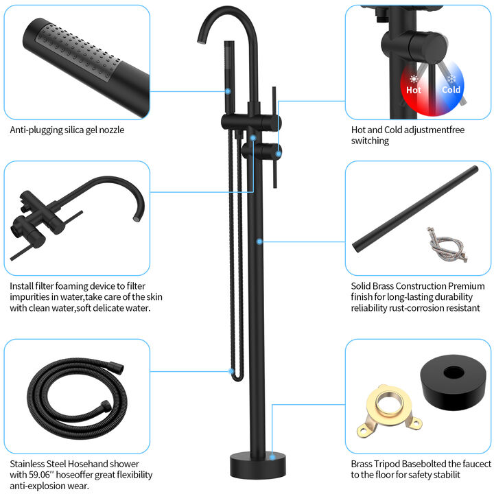 Freestanding Bathtub Faucet, Floor Mount Tub Filler with Hand Shower & Swivel Spout