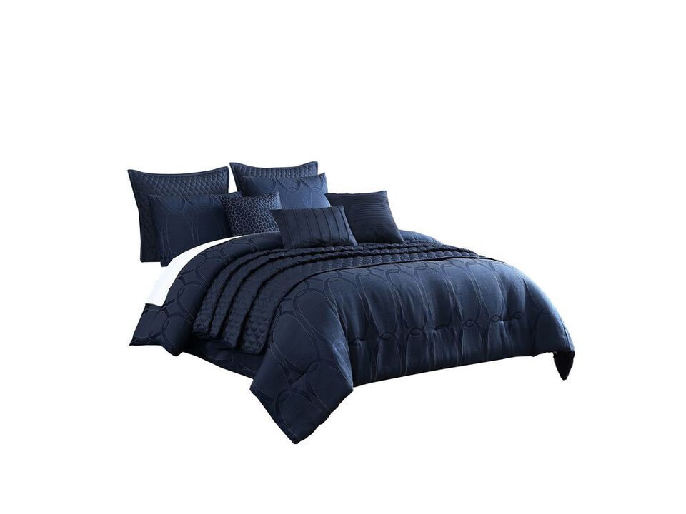 10 Piece King Polyester Comforter Set with Geometric Oblong Print, Dark Blue - Benzara
