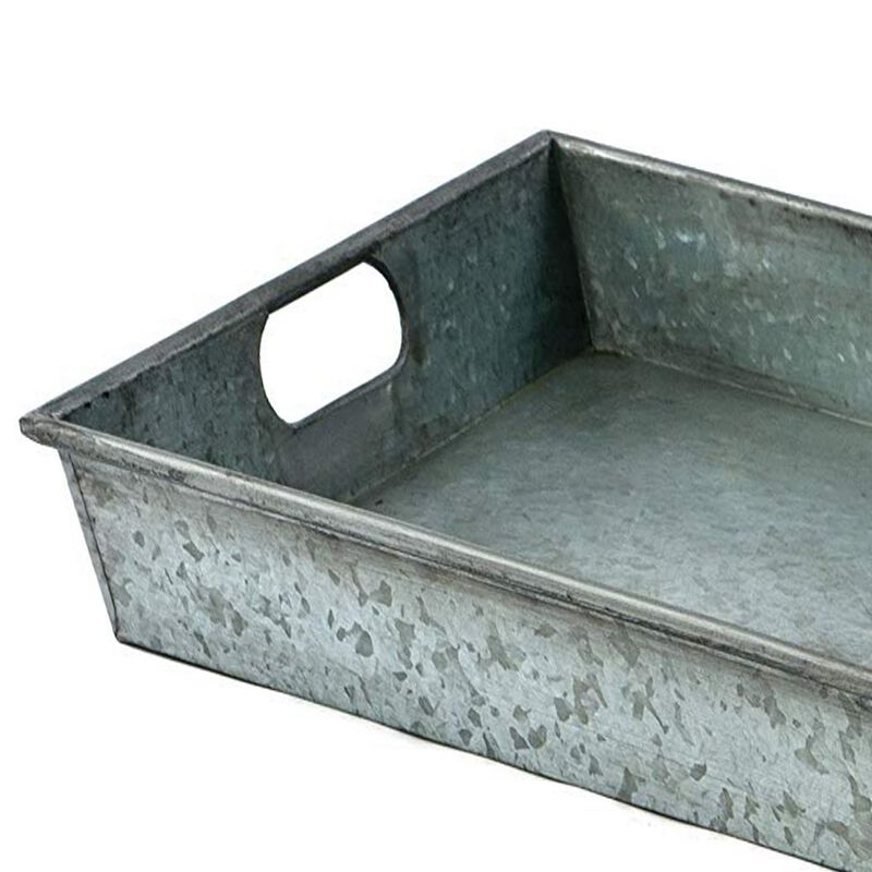 Benzara Square Galvanized Metal Tray With Handle, Gray-Benzara