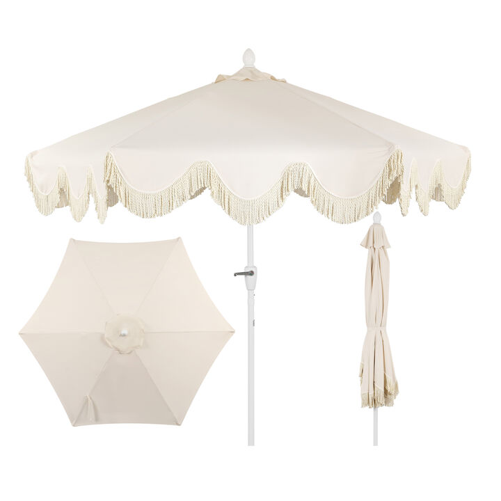 Collins Classic Cottage Tassel Market Patio Umbrella with Auto-Tilt, Crank, Wind Vent and UV Protection