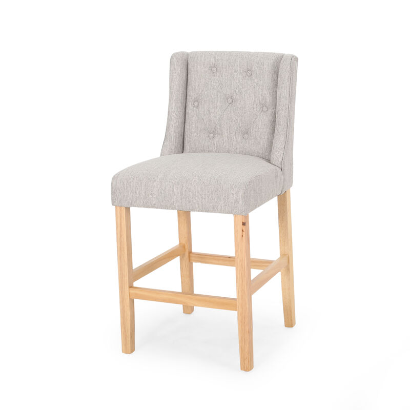 Seliva Counter Stool Chair Set of 2, Light Gray Fabric, Tufted, Brown Wood - Benzara