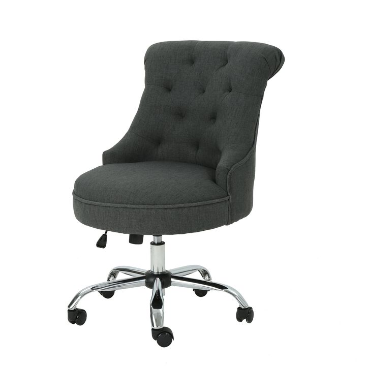 Ovi Swivel Office Chair, Rolling Wheels, Dark Gray Fabric, Tufted Back -Benzara