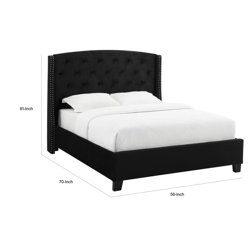 Elle Queen Size Bed, Low Profile, Black Button Tufted Upholstered Headboard - Benzara