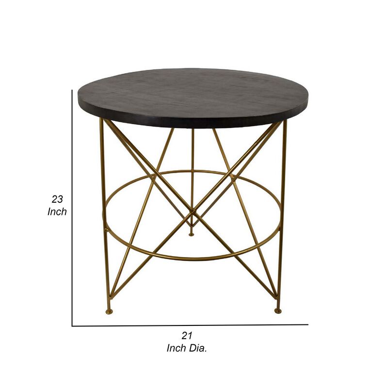 23 Inch Plant Stand Table, Round Top, Modern Gold Geometric Frame, Black - Benzara
