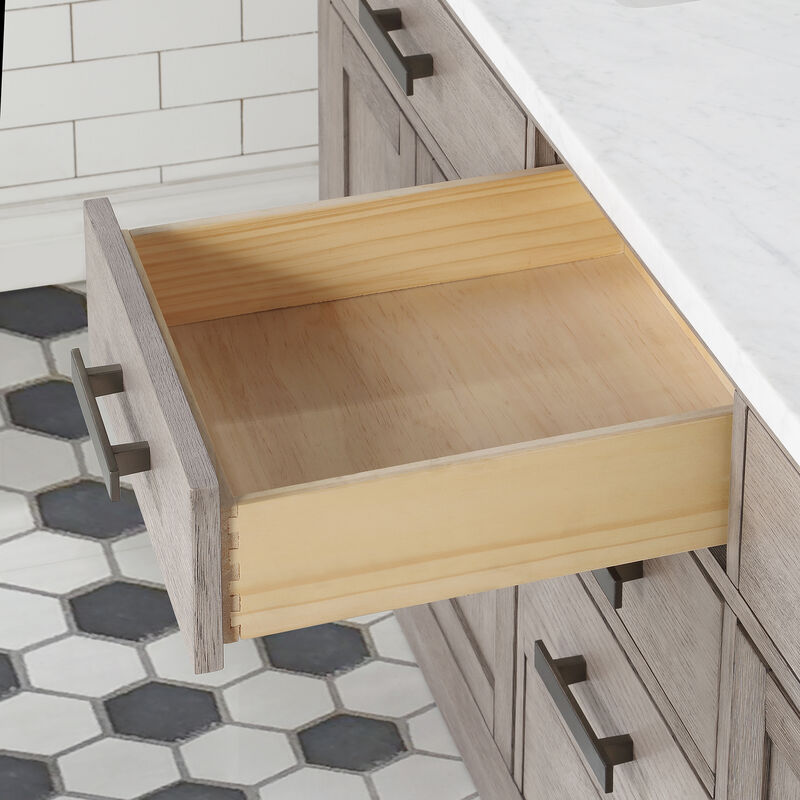 Chestnut 72 In. Double Sink Carrara White Marble Countertop Bath Vanity In Grey Oak with Oil Rubbed Bronze Hardware