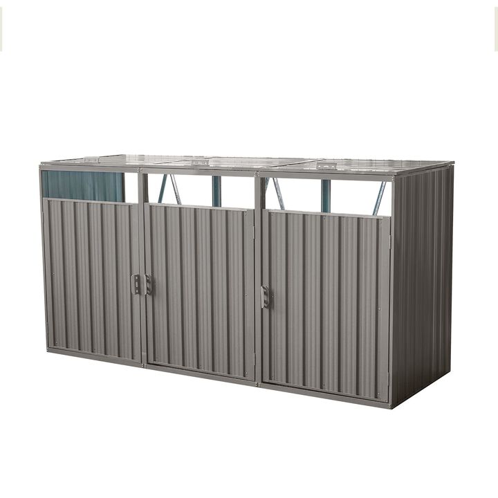 MONDAWE Garbage Bin Shed Stores 3 Trash Cans Metal Outdoor Bin Shed for Garbage Storage,Stainless Galvanized Steel, Bin Shed for Garden Yard Lawn