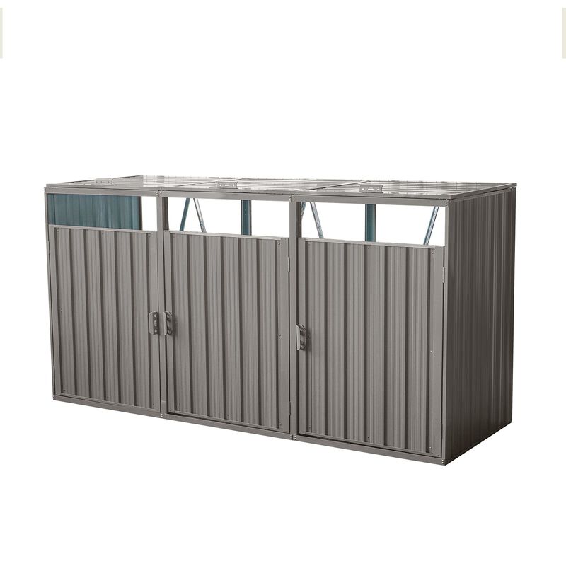 MONDAWE Garbage Bin Shed Stores 3 Trash Cans Metal Outdoor Bin Shed for Garbage Storage,Stainless Galvanized Steel, Bin Shed for Garden Yard Lawn