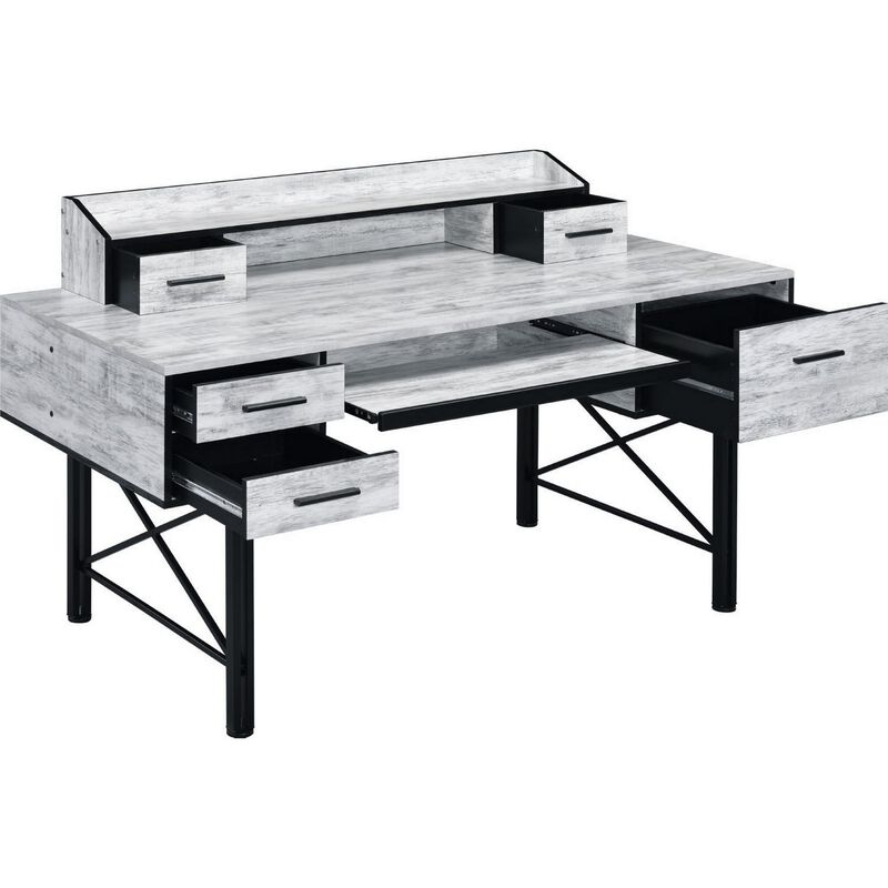 Computer Desk with 5 Drawers and Grains, Antique White and Black-Benzara