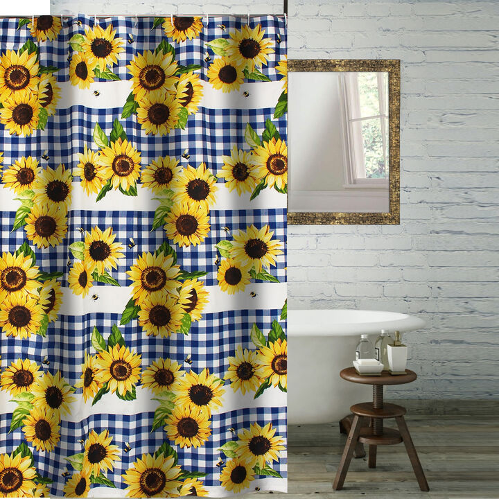 Oslo 72 Inch Shower Curtain, Yellow Sunflower Plaid Print, Button Holes-Benzara