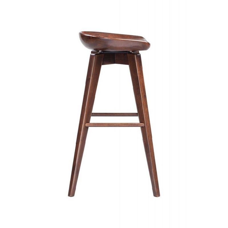 Contoured Seat Wooden Frame Swivel Barstool with Angled Legs, Dark Brown-Benzara