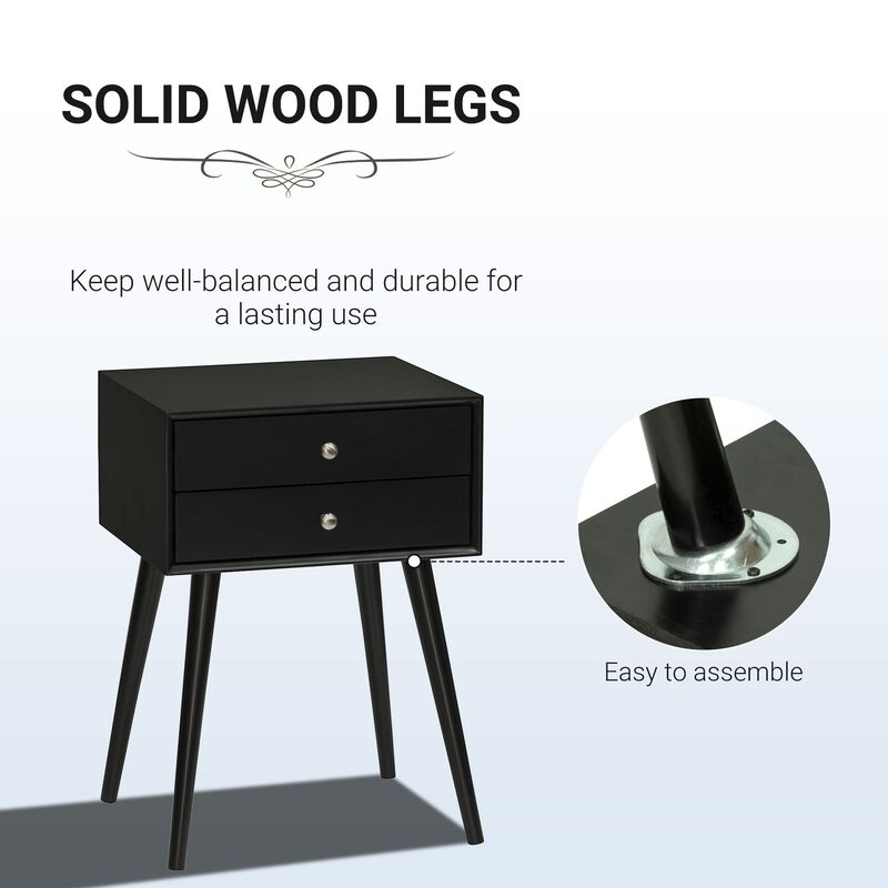 Black Bedroom Accent: Mid Century Side Table with 2 Drawers