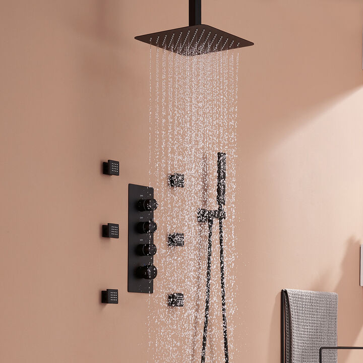 Mondawe 3 Functions Ceiling Mounted Thermostatic Shower System with 6 Body Jets and Rough-in Valve in Chrome