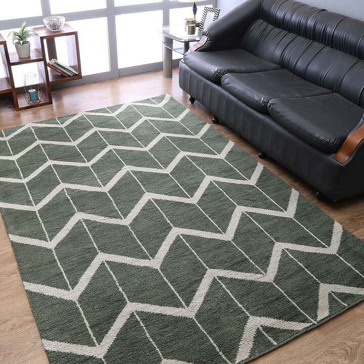 HAND KNOTTED WOOL Geometric AREA RUGS  - 5'x8', Rectangle Shape, Green Beige Color, Geometric Modern, Medium Pile Handmade Area Rugs for Living Room, Bed Room (N01052)