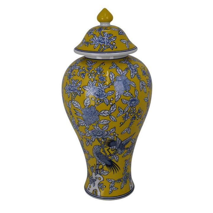 Chris Decorative Jar, Yellow Bird and Floral, Blue Ceramic 20 Inch - Benzara