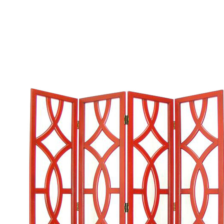 Wooden 4 Panel Room Divider with Open Geometric Design, Red-Benzara