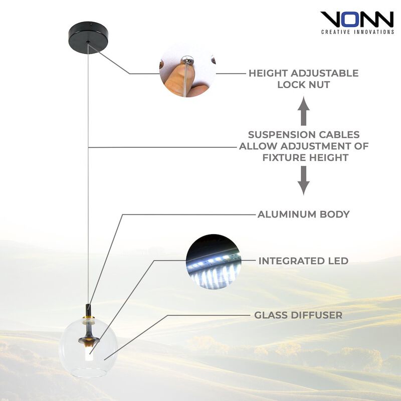 VONN Lighting Integrated LED Height Adjustable Pendant Light with Glass Shade in Antique Brass