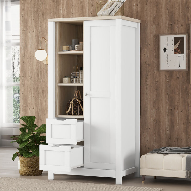 Merax Bedroom Wardrobe with Hanging Rods and 2 Drawers