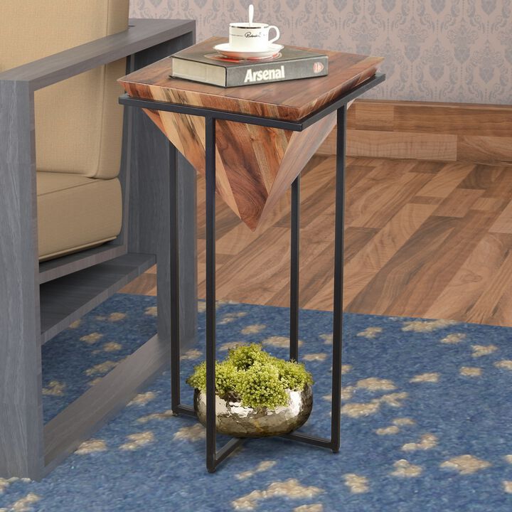 30 Inch Pyramid Shape Wooden Side Table With Cross Metal Base, Brown and Black-Benzara