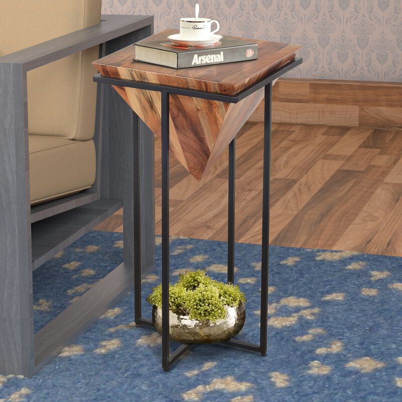 30 Inch Pyramid Shape Wooden Side Table With Cross Metal Base, Brown and Black-Benzara