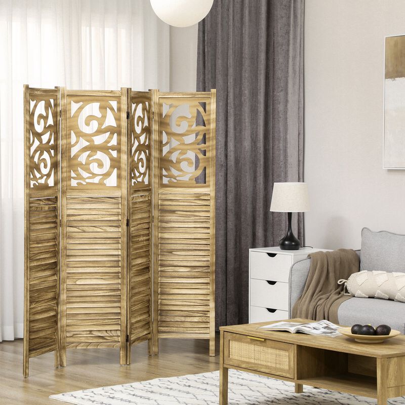 Brown Room Separator: 4-Panel Wooden Privacy Screen for Home Office